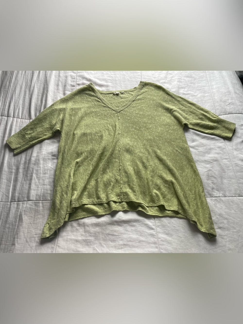 Eileen Fisher Chartreuse Green Linen Cotton V Neck Asymmetric Tunic Top Small